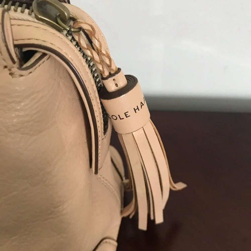 Vintage Cole Haan Beige Leather Satchel with Braided Handles Matte Gold Hardware